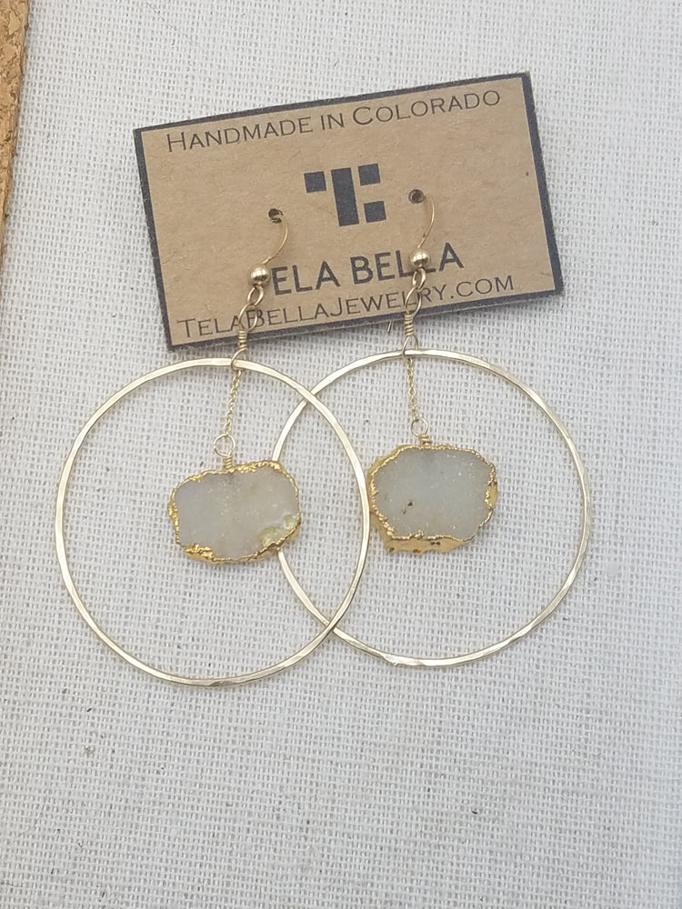 Quartz Druzy Orbit Hoop Earrings on Gold