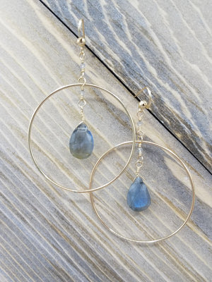 Labradorite Orbit Hoop Earrings on Gold