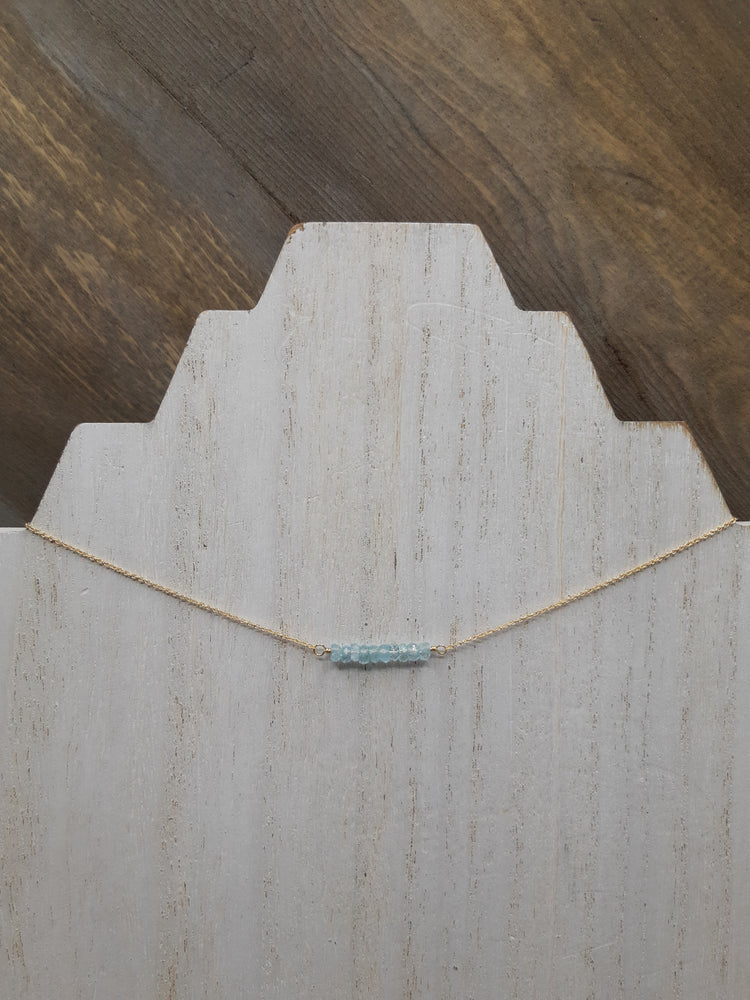 Aquamarine Beaded Bar Necklace on Gold
