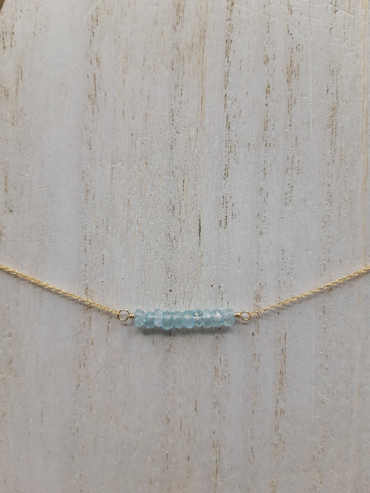 Aquamarine Beaded Bar Necklace on Gold