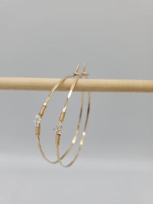 Herkimer Diamond Detail Hammered Hoop Earring on Gold