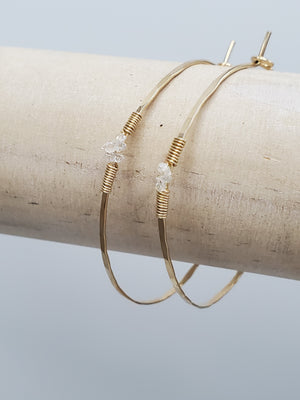 Herkimer Diamond Detail Hammered Hoop Earring on Gold