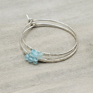 Aquamarine Detail Hammered Silver Hoops