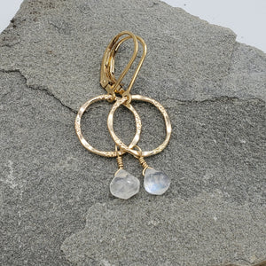 Rainbow Moonstone Drop Earrings on Gold