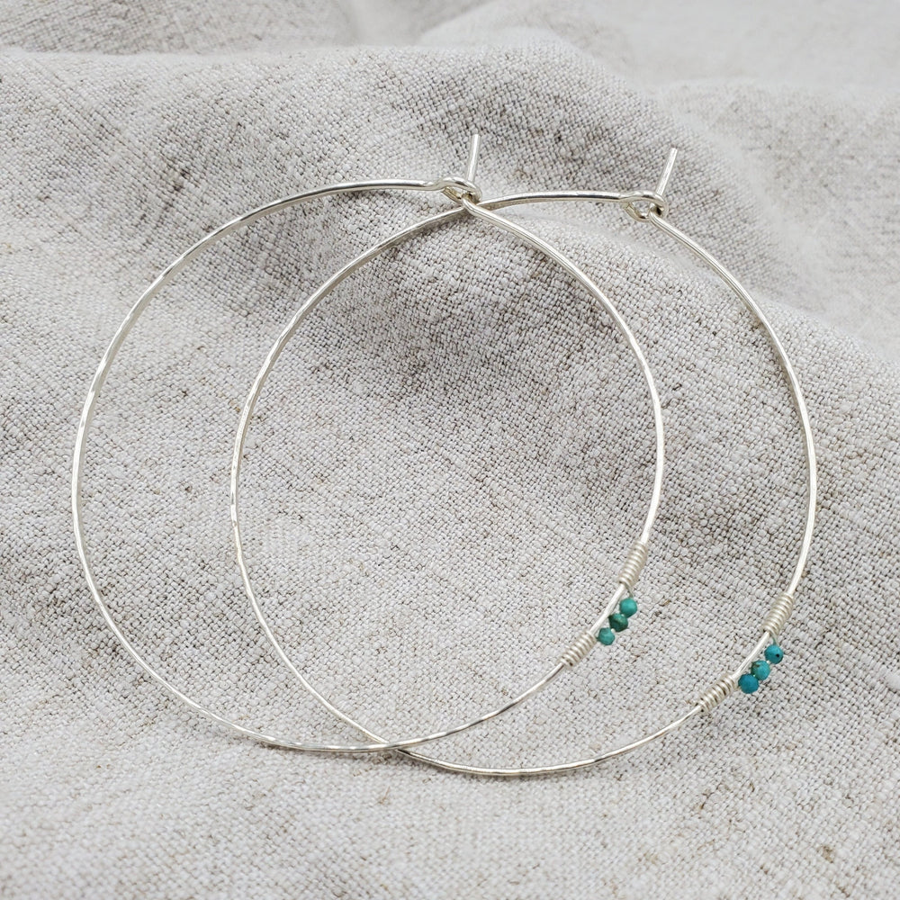 Turquoise Detail Hammered Silver Hoops