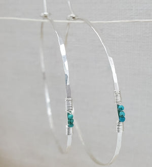 Turquoise Detail Hammered Silver Hoops