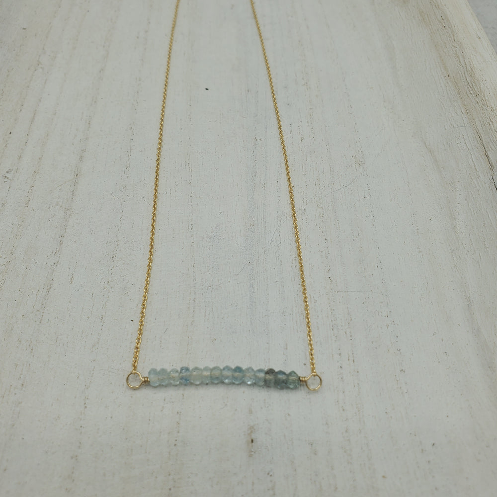 Moss Aquamarine beaded bar necklace on gold