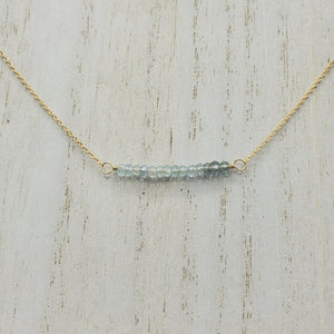 Moss Aquamarine beaded bar necklace on gold