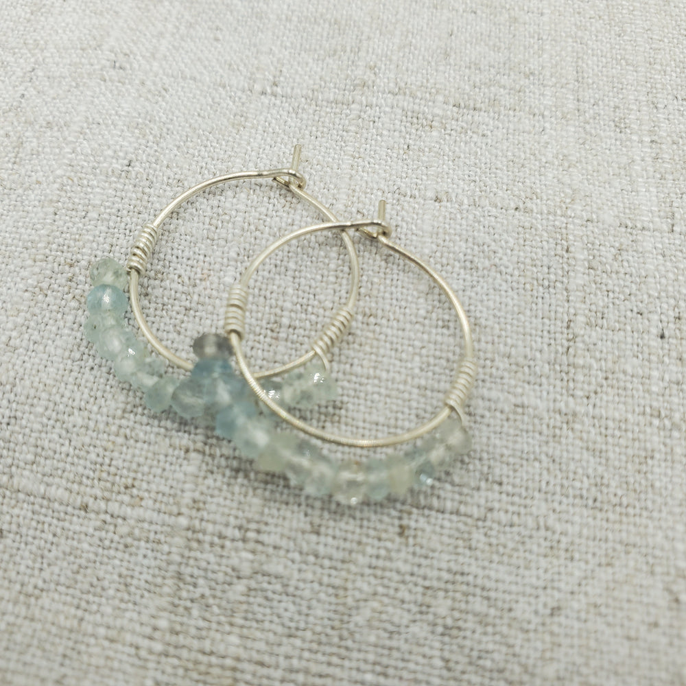 Moss Aquamarine beaded mini hoop on silver