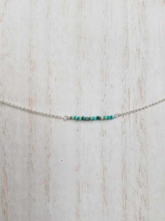 Natural Turquoise Beaded Bar Necklace on Silver